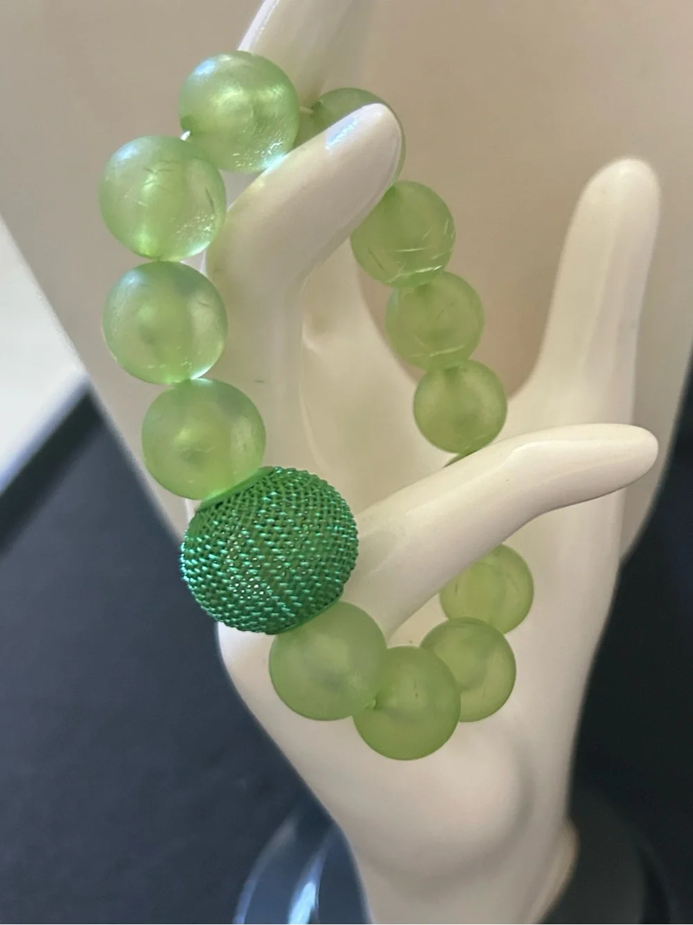Green Beaded Stretch Bracelet with Textured Accent